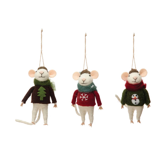 Felt Mouse in Hat and Sweater Ornament, 3 Styles