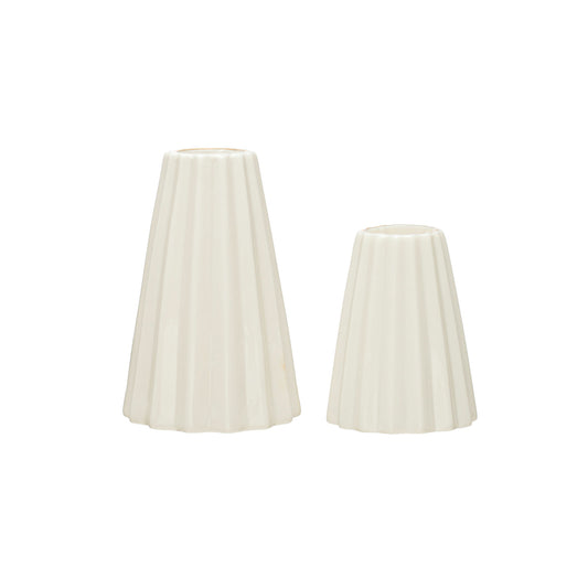 Fluted Stoneware Taper Holders w/ Gold Electroplating, White, Set of 2