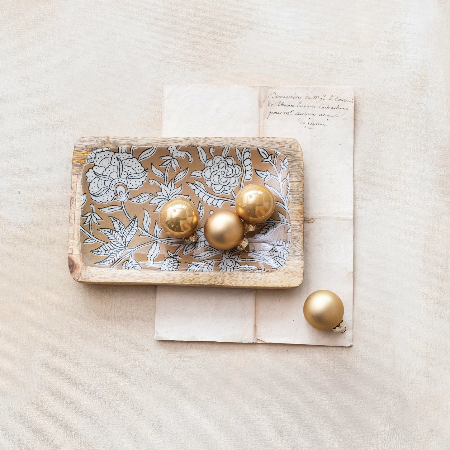 Enameled Mango Wood Tray w/ Floral Pattern, Natural, Brown & Cream Color