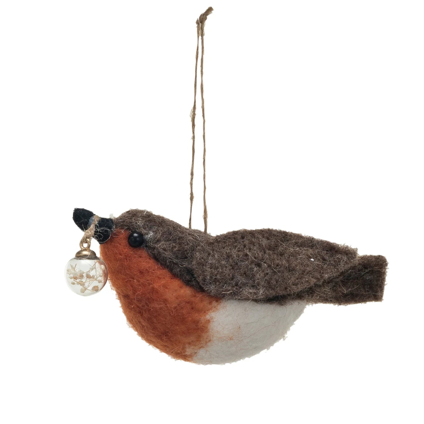 Handmade Wool Felt Robin w/ Ornament in Beak Ornament