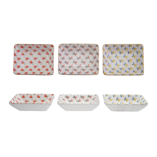 Stoneware Dish with Bell Pattern & Gold Color Rim