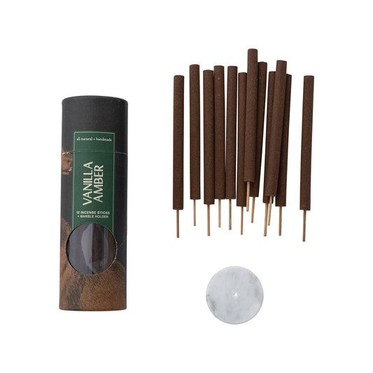 12 Piece All Natural Vanilla Amber Incense Sticks in Tube with Incense Holder