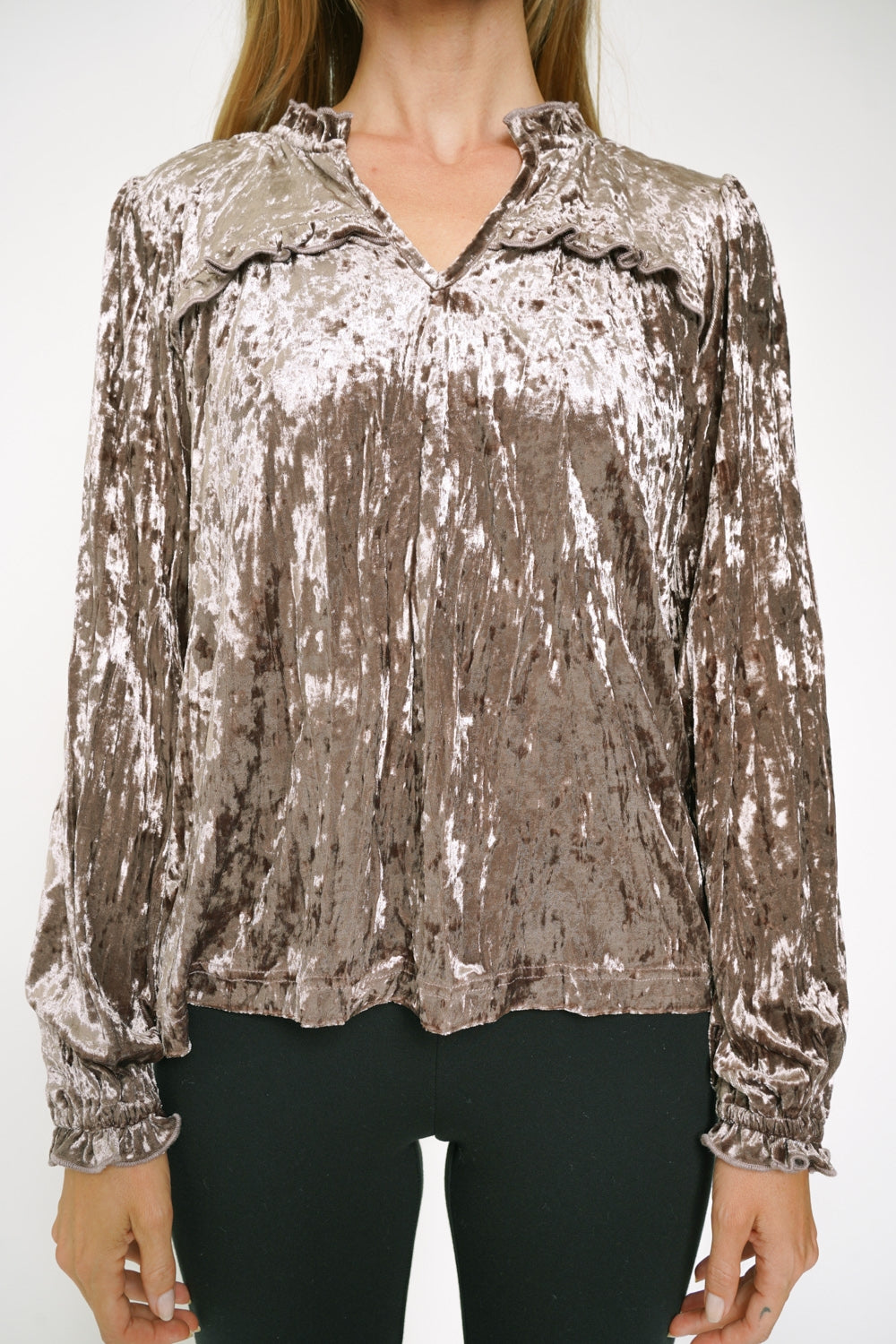 Spliced Neck Crinkle Velvet Blouse