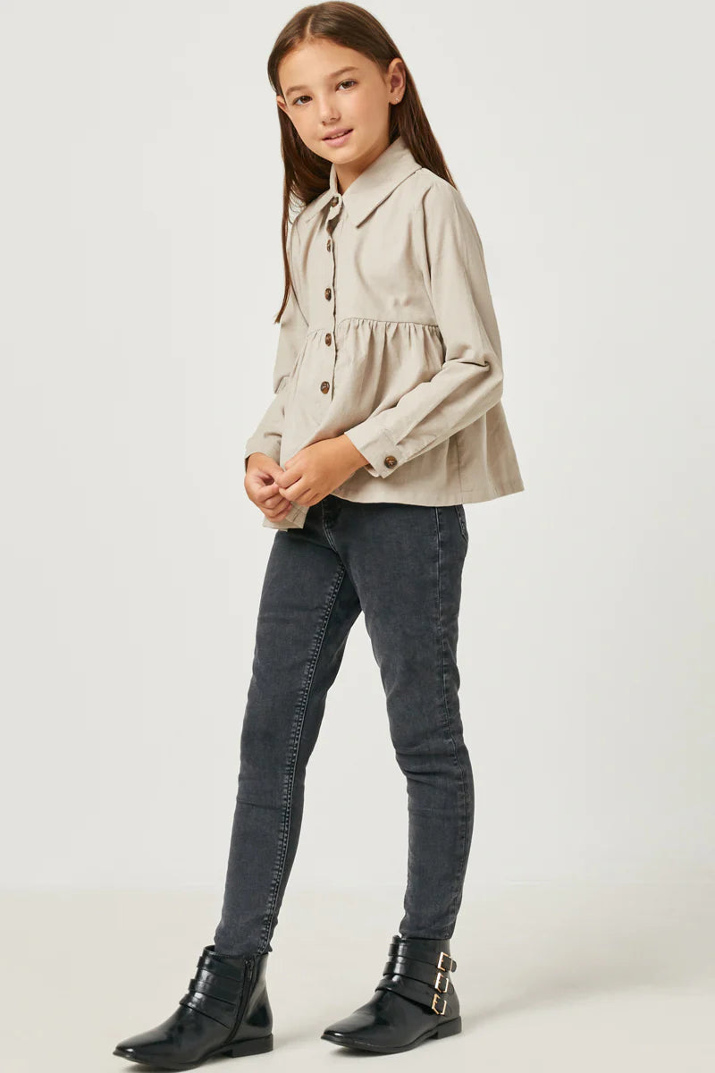 Girls Corduroy Button Up Peplum Shirt