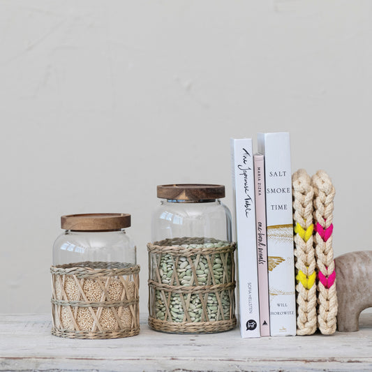 Glass Canister w/ Acacia Wood Lid & Woven Sleeve