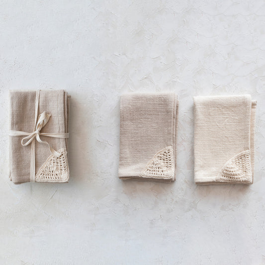 Woven Cotton Tea Towels w/ Crochet Corner set of 2