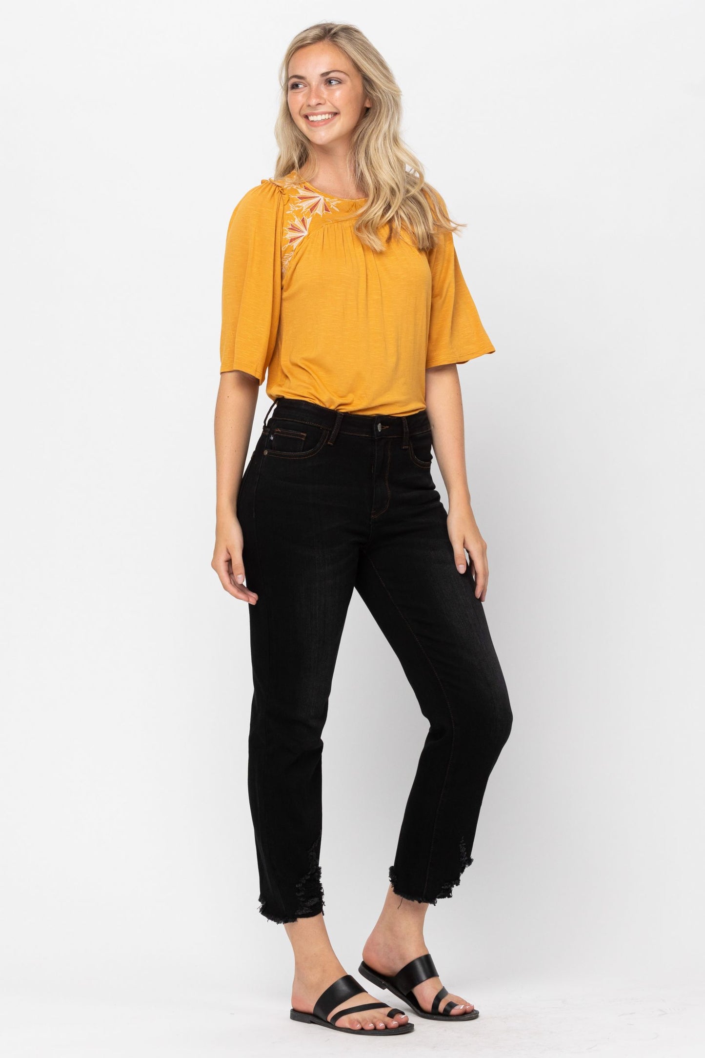 Destroyed Hem Cropped Straight Jeans