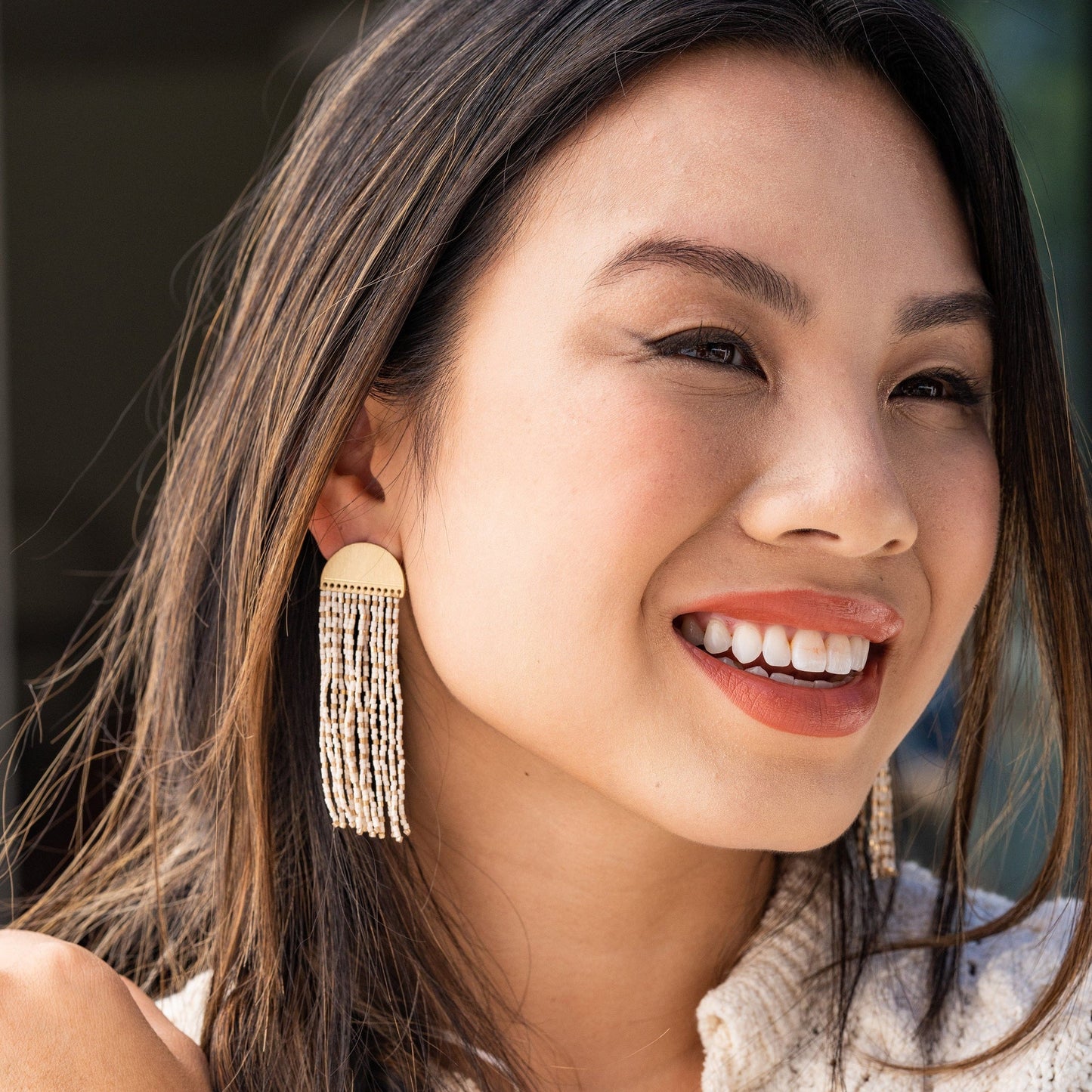 Ivory Gold Fringe Beads Brass Half Circle Post Earrings