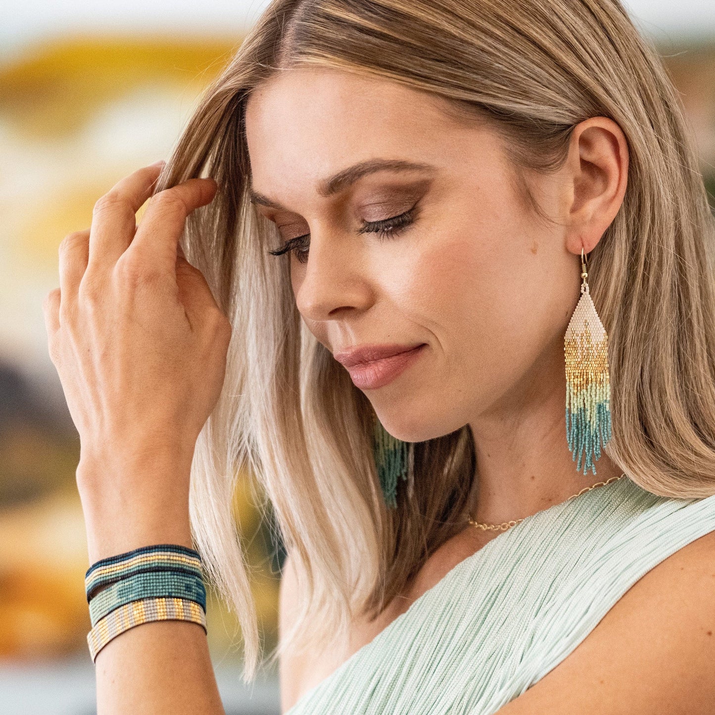 Mint Teal Mixed Metallic Luxe Ombre Earrings