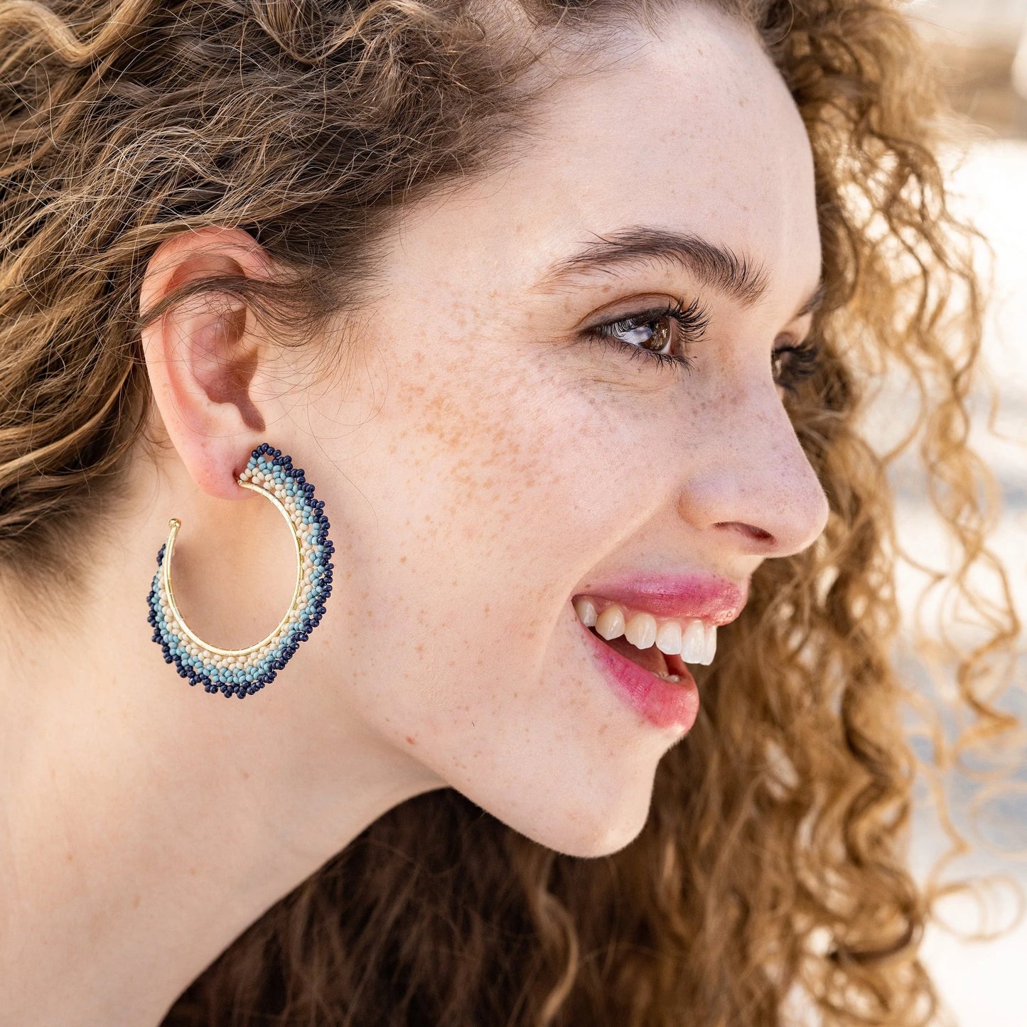 Navy Blue Ivory Crochet Hoop Post Earrings